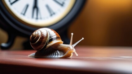 Snail in front of the clock on the table. The concept of time, slow, waiting, not hurrying. A place for the text. - obrazy, fototapety, plakaty