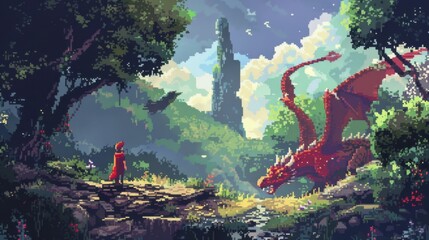 16-bit style pixel art of a hero confronting a large dragon in a fantasy landscape, Nostalgic video game - obrazy, fototapety, plakaty