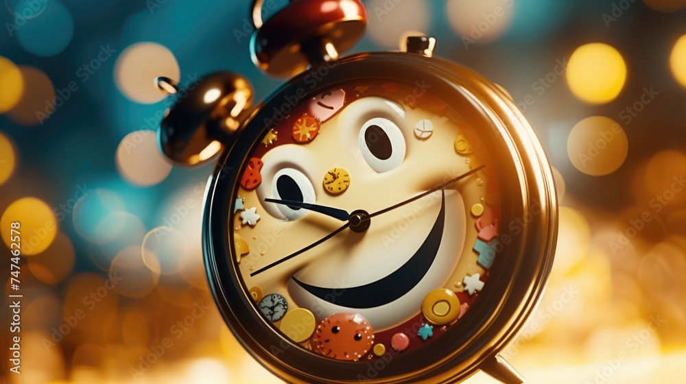Aufkleber A cheerful alarm clock with a smiley face, perfect for adding a touch of happiness to any project