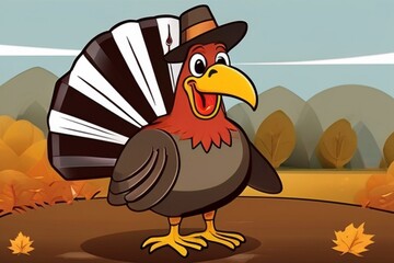 Thanksgiving turkey in funny cartoon style. Happy bird
