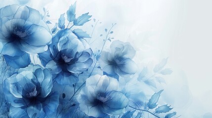 Abstract, beautiful minimalistic background with blue flowers and ample space for text