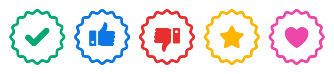Like, dislike, tick, heart and star icon thumbs up and thumbs down social media symbol set colorful outline rounded zig zag style on white background. Feedback and rating thumbs - Vector Icon - obrazy, fototapety, plakaty