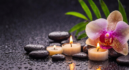 Beautiful long spa background with massage stones, candles, pink orchid and drops of waters on black backdrop. Space for text