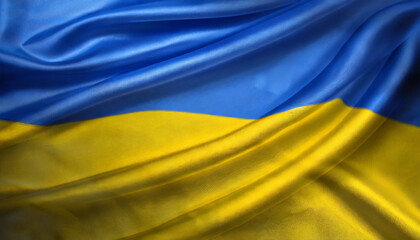 National Ukrainian silk fabric flag. Symbol of the Ukraine. Blue and yellow.