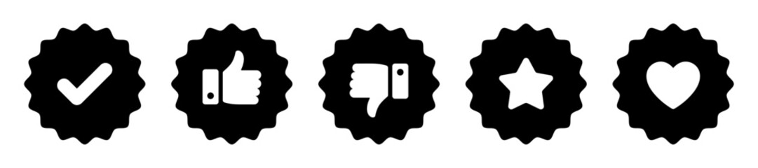 Like, dislike, tick, heart and star icon thumbs up and thumbs down social media symbol set in black and white color rounded zig zag style on white background. Feedback and rating thumbs - Vector Icon