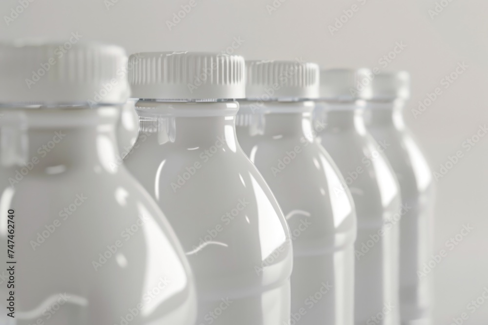 Poster Plastic bottles lined up on a table, suitable for various concepts