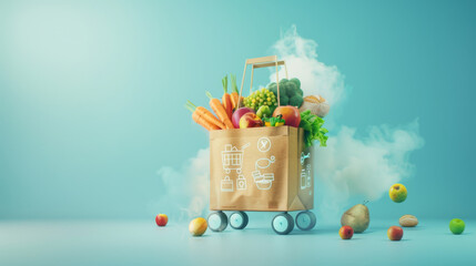 paper grocery bag on wheels overflowing with various fresh fruits and vegetables on a light blue background.