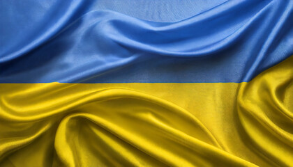 National Ukrainian silk fabric flag. Symbol of the Ukraine. Blue and yellow.