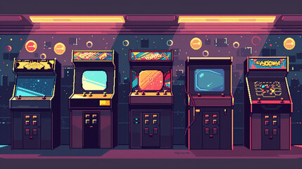 Nostalgic 80s arcade video games in pixel art minimal surrounded by retro futuristic aesthetics