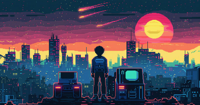 Nostalgic 80s arcade video games in pixel art minimal surrounded by retro futuristic aesthetics