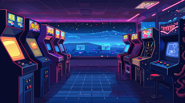 Nostalgic 80s arcade video games in pixel art minimal surrounded by retro futuristic aesthetics