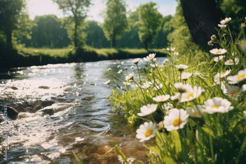 Poster peaceful stream flowing through vibrant green forest. ideal for nature and environmental concepts