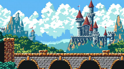 Colorful 16-bit pixel art castle perched atop an arch bridge with a scenic backdrop