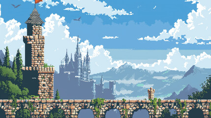 Colorful 16-bit pixel art castle perched atop an arch bridge with a scenic backdrop