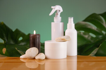 composition with natural cosmetic products on wooden background