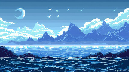 A serene 8-bit landscape depicting a sunrise over a calm mountain lake with reflections and fluffy clouds in the sky