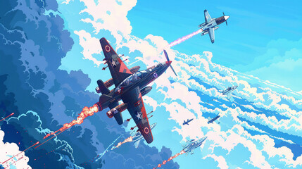 Naklejka premium Pixel art of classic planes engaging in an aerial dogfight against a backdrop of blue skies and fluffy clouds.