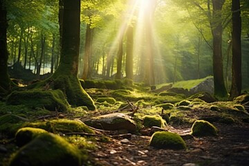 Bright sunlight filtering through dense forest trees. Ideal for nature and outdoor themes