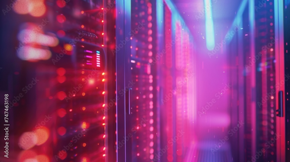 Poster a high-tech server room with vibrant red and blue lights, ideal for technology concepts