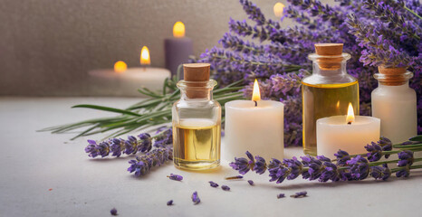 Obraz na płótnie Canvas Spa items. Beauty background with glass bottles of essential oils, candles and lavender on white wooden table. Space for text