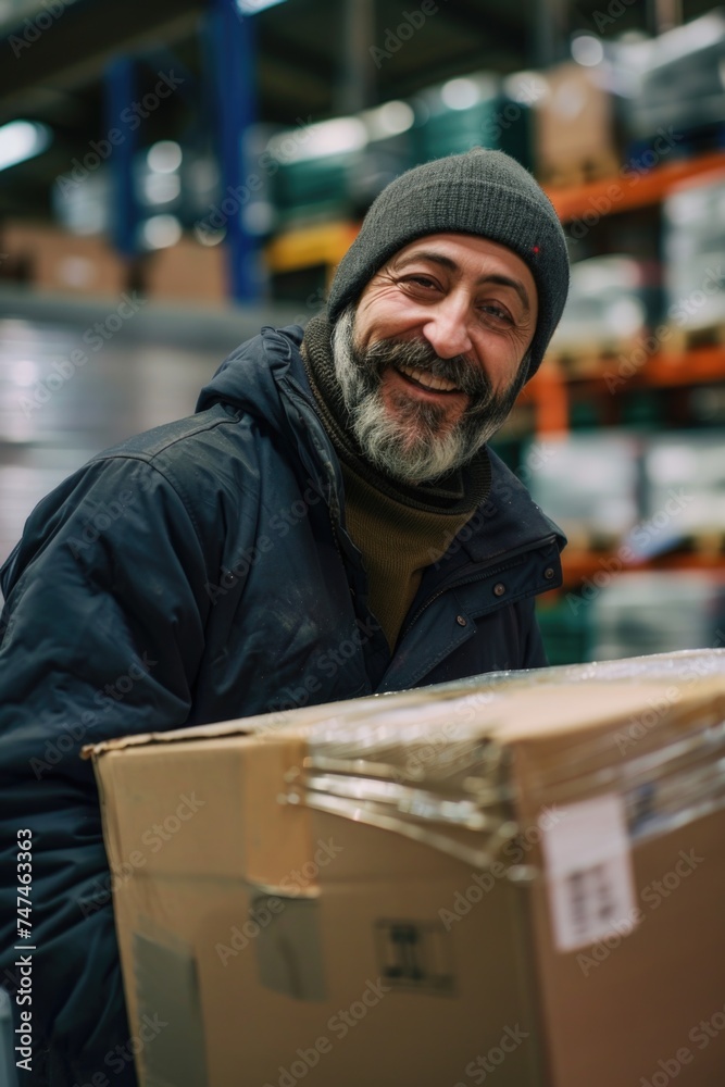 Poster a man holding a box in a warehouse. perfect for logistics and storage concepts
