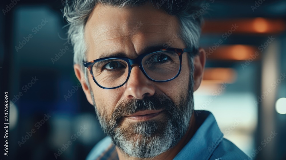 Poster close up of a man with glasses and a beard. suitable for business or casual concepts