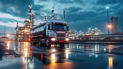  Transportation of oil and natural gas by truck. Oil Refinery factory and petrochemical plant. Petroleum industry. Energy in motion.