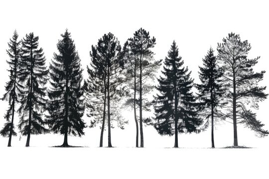A striking black and white photo capturing a row of trees. Perfect for nature or minimalist design projects