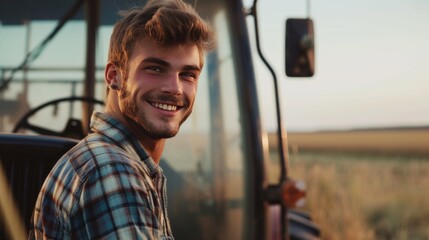 Fototapeta na wymiar Young Farmer in Plaid Shirt Smiling by Large Tractor, Field Background