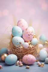 Fototapeta na wymiar Blue Basket with Easter Eggs and Colorful Decoration, Featuring Delicate Gold Detailing