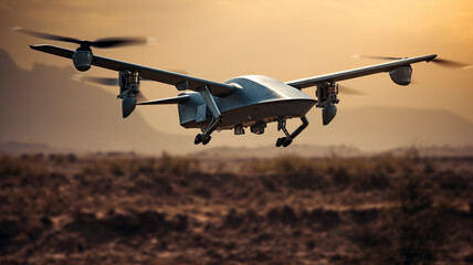 Professional military drone flies above the ground