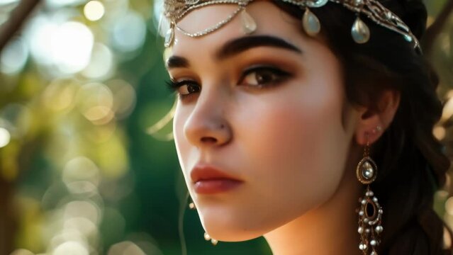 A closeup of a woman with a smoldering gaze, wearing a vintageinspired beaded headband and sparkling drop earrings.