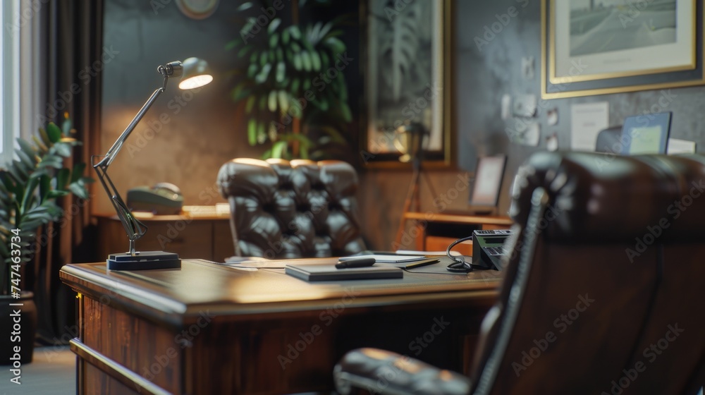 Poster a simple image of a desk, lamp, and chair in a room. ideal for interior design concepts