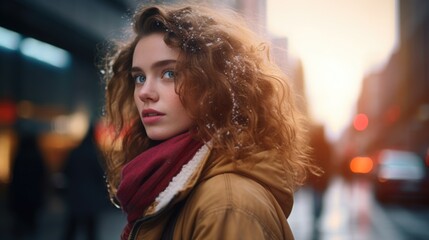 A woman standing on a city street covered in snow. Suitable for winter cityscape concepts