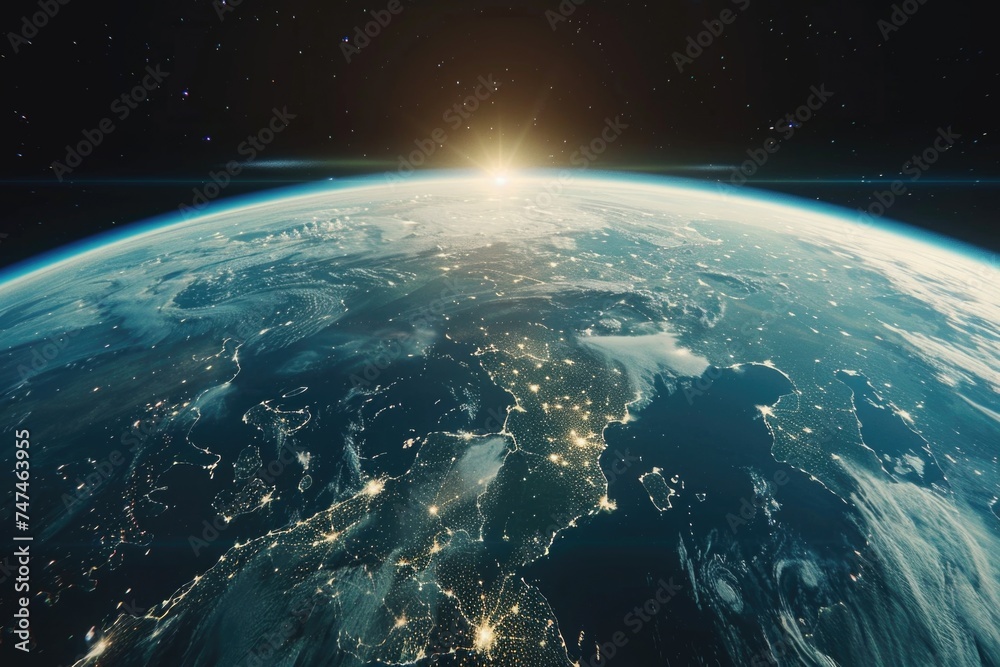 Poster an aerial view of the earth at night. suitable for science and technology concepts