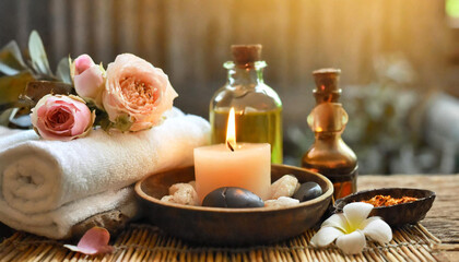 Beautiful spa background with orange flowers, bottles of oil and towel on the wooden backdrop.