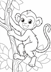 Coloring monkey sitting on a branch. Vector illustration