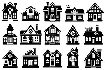 A set of house facades of different designs. Different concepts of building construction. Vector illustration isolated on white