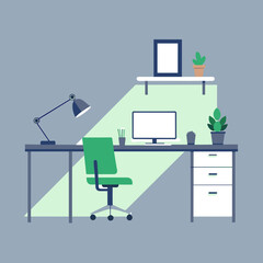 Desk with desk lamp, next to the pc in the office. Vector illustration isolated on white