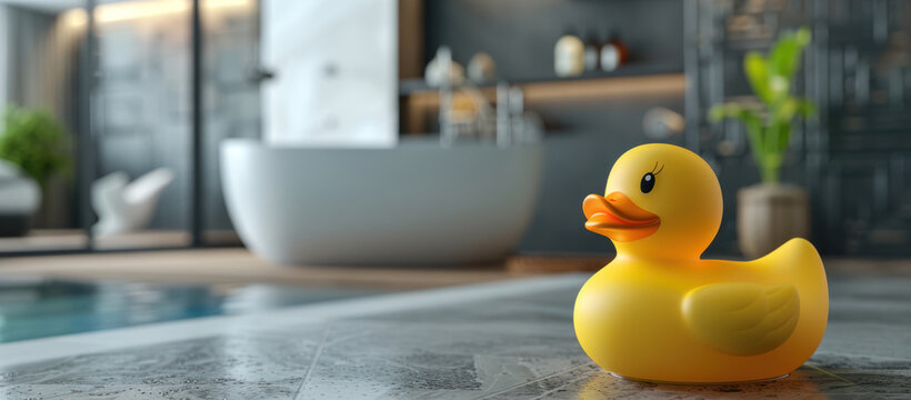 On the left side of the bathroom, a yellow rubber duck floats in the water