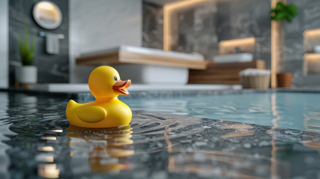 A yellow rubber duck is floating in the bathroom on the left