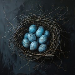 Naklejka na ściany i meble painted blue easter eggs in nest