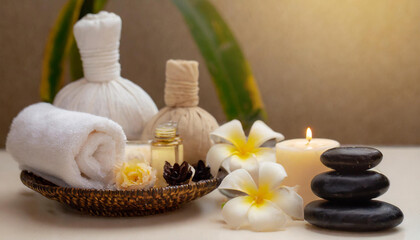 Fototapeta na wymiar Light spa still life with candles, plumeria, oil, massage stones and towels on neutral background