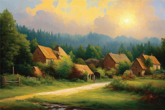Oil painting of a Beautiful Village. Oil painting - houses in the village. Old historic Village. Oil paintings rural landscape. A rustic village scene, bathed in the ethereal glow of a heaven. 