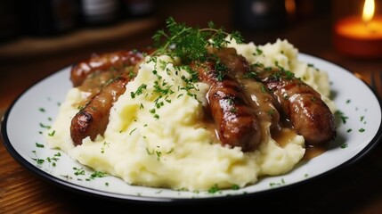 Delicious plate of mashed potatoes with sausages and gravy. Perfect for food blogs and restaurant menus