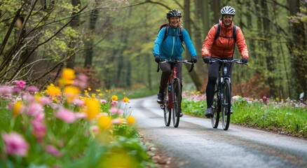  Two smiling cyclists on a sma, themes of outdoor recreation, healthy lifestyle, and the beauty of seasonal exploration, this captivating photograph evokes a sense of freedom and exhilaration