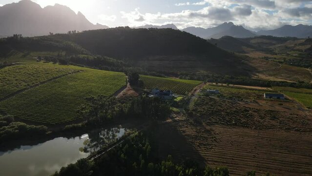 South Africa top view to Stellenbosch wine fields and farming view