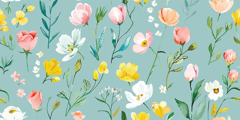 Seamless watercolor floral pattern on a white background - obrazy, fototapety, plakaty