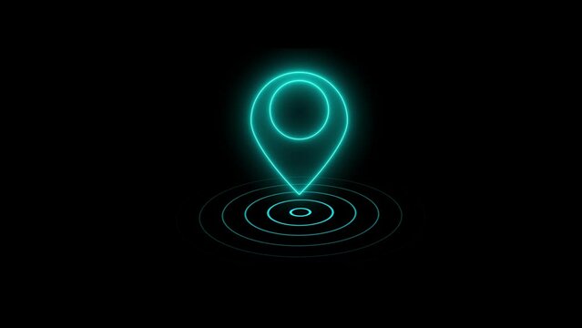 location Icon Neon Light Glowing blue Bright Symbol. Cartoon glowing neon line Map pin icon on black background. Navigation, pointer, location, map, gps, direction, place, compass, search concept.