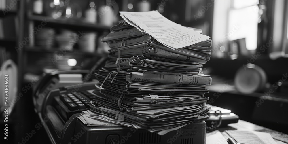 Aufkleber Stack of papers on computer keyboard, suitable for office and technology concepts